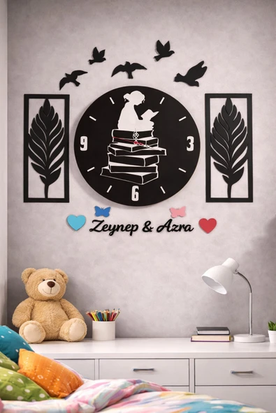 Genç kız odası duvar saati 40 cm kitap okuyan kız temalı kişiye özel MRC HEDİYE SEPETİ no:934 ürün görseli 1