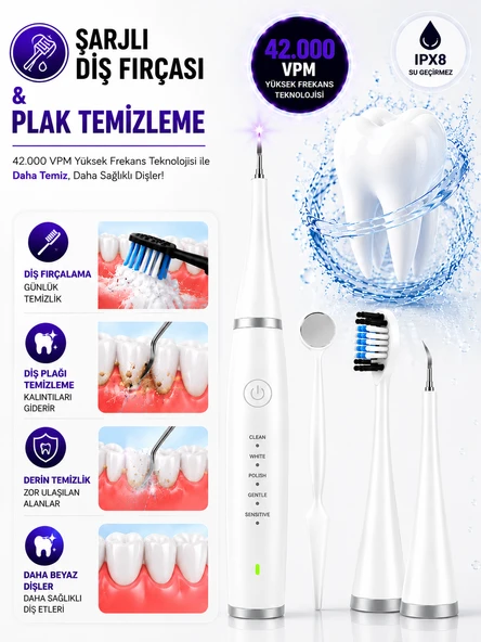 IPX8 Su Geçirmez Şarjlı Akıllı Diş Fırçası 42000 VPM Ultrasonik 800mAh 5 Mod 3 Yedek Başlık ürün görseli 1
