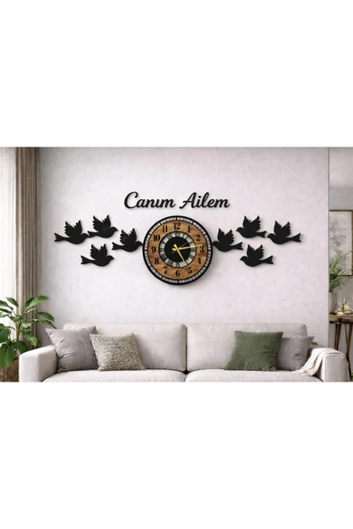 Modern Duvar saati 40 cm kuş temalı canım ailem yazılı MRC HEDİYE SEPETİ no:48 ürün görseli 1
