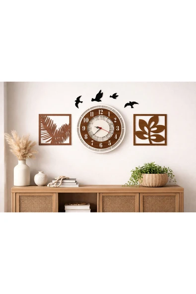 Salon duvar saati modern ahşap 40 cm yaprak konbinli no30029 ürün görseli 1