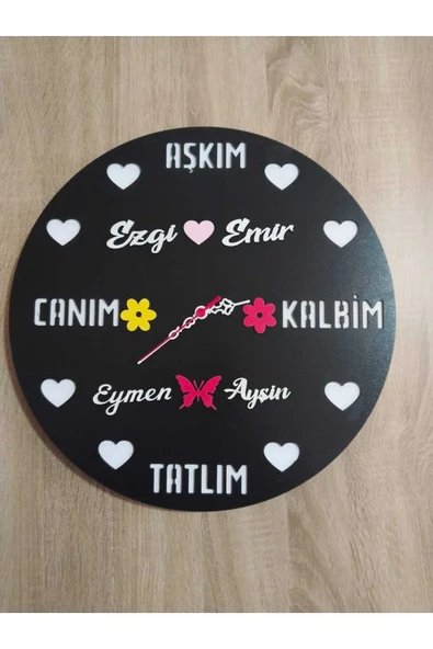 Sevgili-Aşk-Saadet-Mutluluk kişiye özel isim Yazılı DUVAR SAATİ MRC HEDİYE SEPETİ no:130 ürün görseli 1