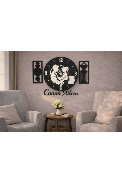 Canım Ailem temalı duvar saati 40 cm çiçekler 30 cm no 10042 ürün görseli 1