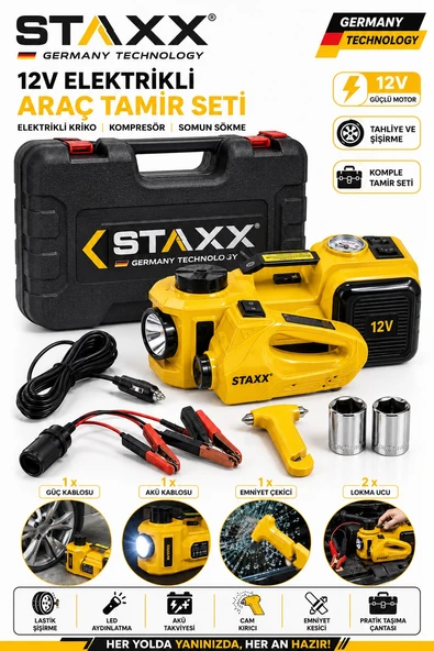 12V Elektrikli Kriko Seti 5 Ton Kompresör 480Nm Somun Sökme Makinesi LED Fenerli Full Araç Tamir Set ürün görseli 1