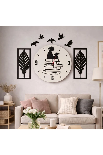 Genç kız odası duvar saati 40 cm kitap okuyan kız temalı no30036 ürün görseli 1