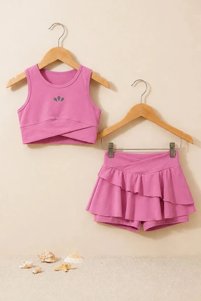 Kız Çocuk Sportif Pudra Renk Crop - Şort Etek Alt Üst - Takım ürün görseli 1