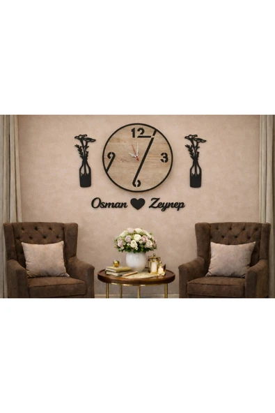 Salon duvar saati 40 cm çiçekler 30 cm kişiye özel modern ve şık no1004 ürün görseli 1