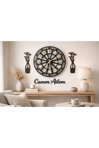 Salon duvar saati 40 cm çiçekler 30 cm Canım Ailem temalı no35 ürün görseli 1