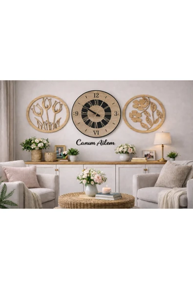 Duvar saati 40 cm çiçekler 30 cm canım ailem temalı şık ve tasarım no 1085 ürün görseli 1