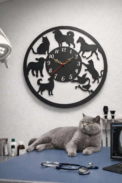 Veteriner / Pet Shop ( ***iş yeri için ) özel isim yazılı ahşap duvar saati ürün görseli 1