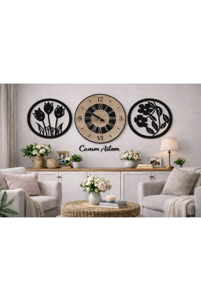Duvar saati 40 cm çiçekler 30 cm canım ailem temalı no 1084 ürün görseli 1