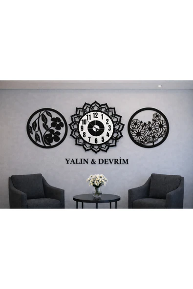 Salon duvar saati 40 cm çiçekler 30 cm kişiye özel modern ve şık no 10015 ürün görseli 1