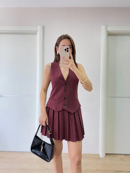 Keten Takım Görünümlü Düğme Detaylı Yelekli Mini Elbise - Bordo ürün görseli 1