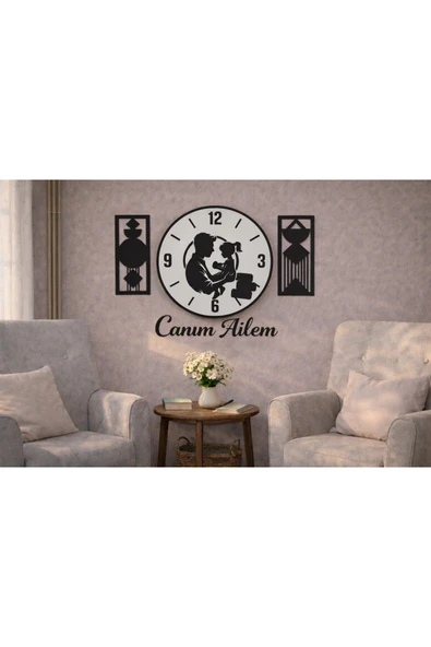 Canım Ailem temalı duvar saati 40 cm çiçekler 30 cm no10043 ürün görseli 1