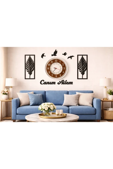 Şık salon saati 40 cm yaprak temalı canım ailem yazan no 30030 ürün görseli 1