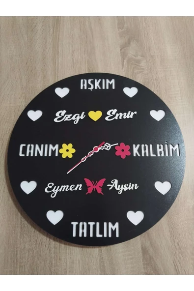 Sevgili-Aşk-Saadet-Mutluluk kişiye özel isim Yazılı DUVAR SAATİ ürün görseli 1