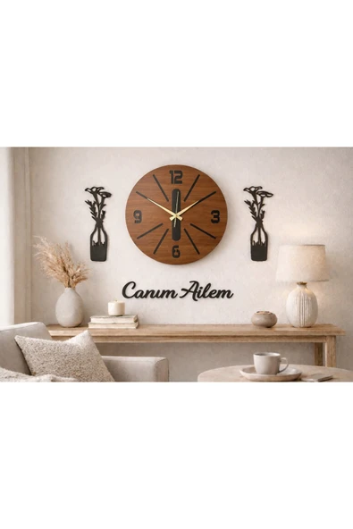 Salon duvar saati 40 cm çiçekler 30 cm Canım Ailem temalı no34 ürün görseli 1