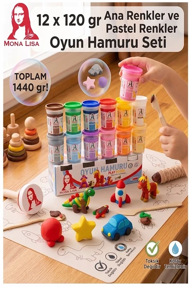 Oyun Hamuru 12 Renk 1 Paket Monalisa 12 li Ana ve Pastel Oyun Hamuru Kurumaya Karşı Dirençli Okul Öncesi Kreş Yumuşak ürün görseli 1