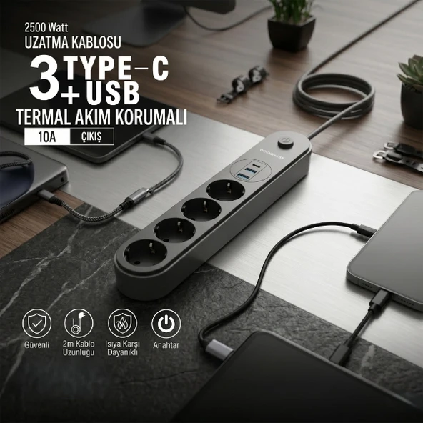 Termal Akım Korumalı 4 Prizli USB Girişli Uzatma Kablosu ürün görseli 1