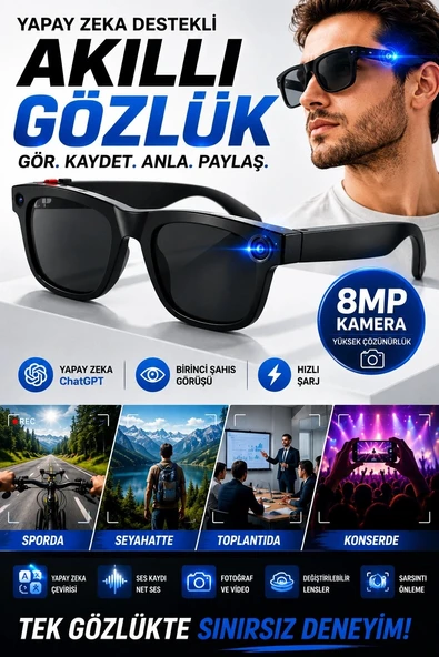 Yapay Zeka Çevirili 8MP Kameralı Akıllı Gözlük Birinci Şahıs Görüşü ve Hızlı Şarjlı ürün görseli 1