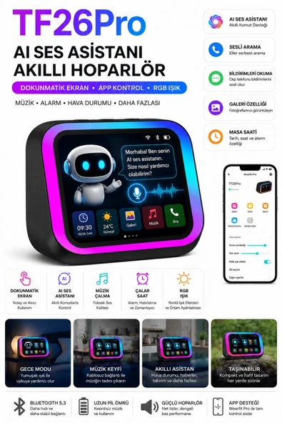 TF26 Yapay Zeka Sesli Asistan Akıllı Bluetooth Hoparlör AI Sohbet Dokunmatik Ekran Speaker Masa Saati ürün görseli 1