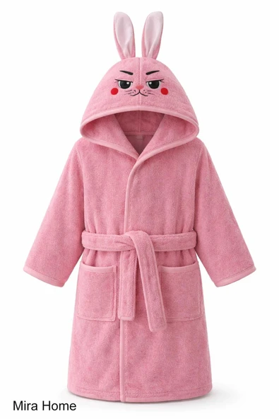 Pembe Tavşan Nakışlı Kulaklı Bebek ve Çocuk Bornozu ürün görseli 1