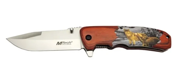 Mtech Y 12K Kahverengi Kamp Çakı 21,5cm - Yarı Otomatik, Kemerlikli, Kurt Baskılı Ahşap Sap ürün görseli 1