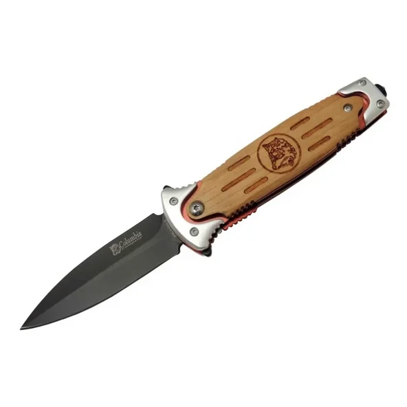 FS 11033 Kahverengi Kurtarma / Kamp Çakısı 20cm - Yarı Otomatik, Kurt İşlemeli Ahşap Sap, Kemerlikli ürün görseli 1