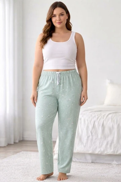 Viskon Pamuklu Kadın Büyük Beden Açık Gri Desenli Pijama Pantolon - MGB008 - Mudanis ürün görseli 1