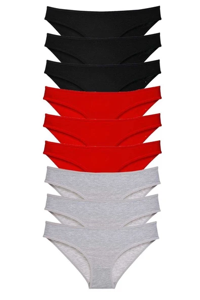 9 adet Süper Eko Set Likralı Kadın Slip Külot Siyah Kırmızı Gri mudanis ürün görseli 1