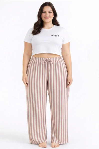 Viskon Pamuklu Kadın Büyük Beden Gül Kurusu Çizgili Pijama Pantolon - MGB003 - Mudanis ürün görseli 1