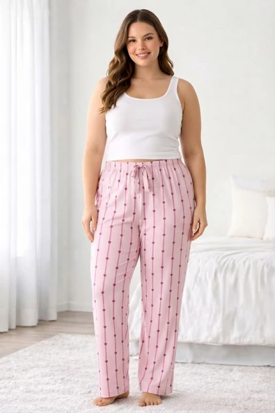Viskon Pamuklu Kadın Büyük Beden Açık Pembe Desenli Pijama Pantolon - MGB007 - Mudanis ürün görseli 1