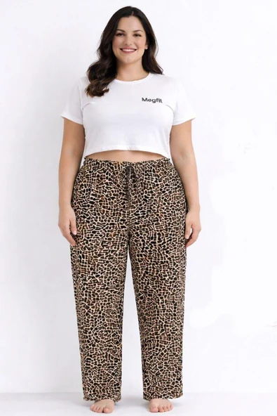 Viskon Pamuklu Kadın Büyük Beden Leopar Desenli Pijama Pantolon - MGB005 - Mudanis ürün görseli 1