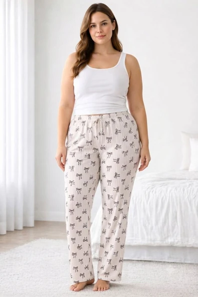 Viskon Pamuklu Kadın Büyük Beden Pudra Desenli Pijama Pantolon - MGB009 - Mudanis ürün görseli 1