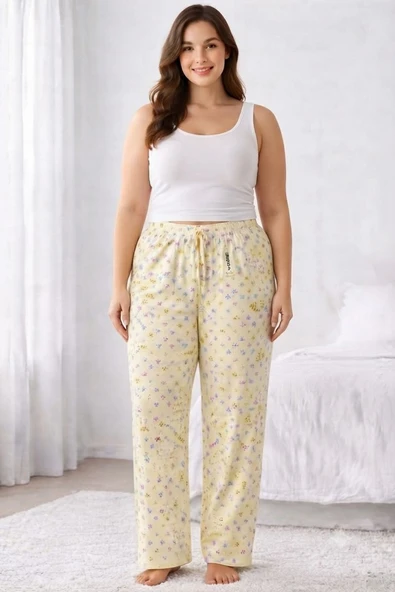 Viskon Pamuklu Kadın Büyük Beden Açık Sarı Desenli Pijama Pantolon - MGB010 - Mudanis ürün görseli 1