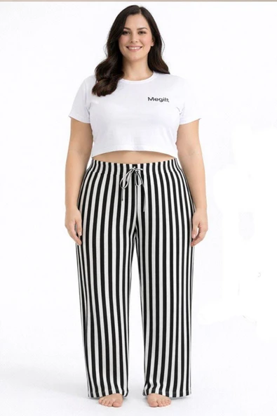 Viskon Pamuklu Kadın Büyük Beden Siyah Çizgili Pijama Pantolon - MGB001 - Mudanis ürün görseli 1
