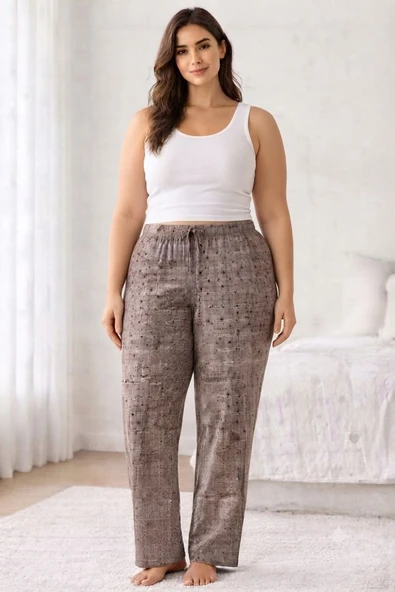 Viskon Pamuklu Kadın Büyük Beden Gri Desenli Pijama Pantolon - MGB011 - Mudanis ürün görseli 1