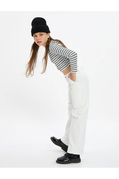 Koton Kız Çocuk Bol Paça Kot Pantolon Önde Cep Detaylı Pamuklu - Crop Wide Leg Jean ürün görseli 1