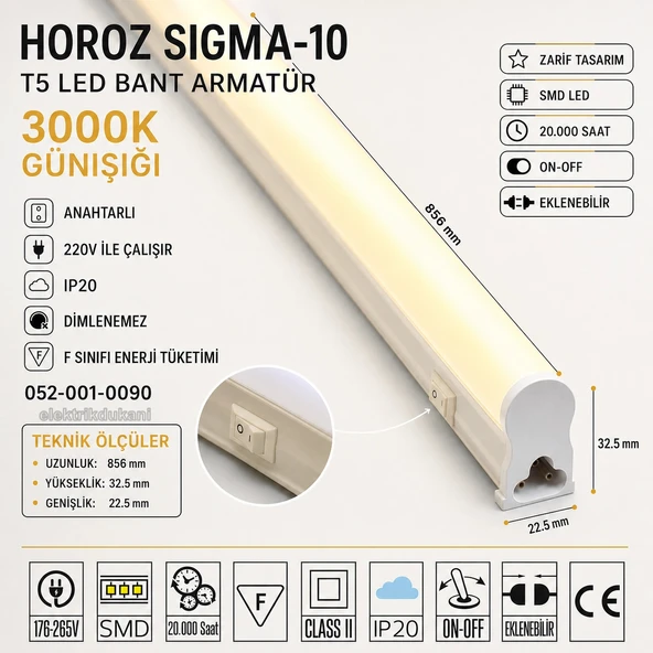 HOROZ Sigma-10 90cm GÜNIŞIĞI 10w T5 Led Bant Armatür Anahtarlı 2700k IP20 ürün görseli 1