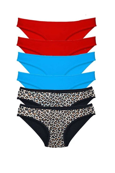 6 Adet Likralı Kadın Slip Külot Leopar Kırmızı Mavi ürün görseli 1