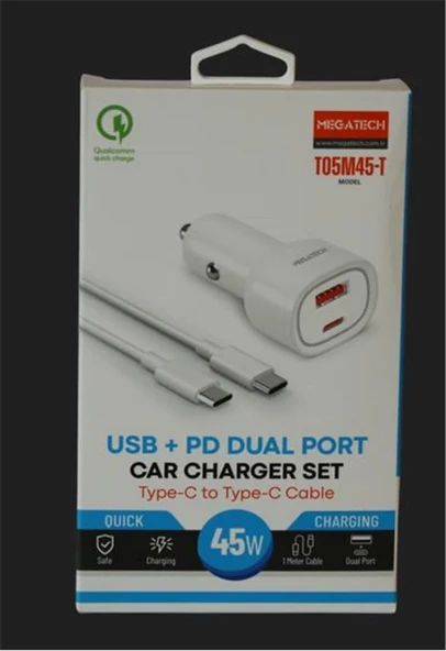Megatech T05M45-T Beyaz 45W PD-USB Araç Çakmaklık Şarj Başlığı Hızlı Şarj(TYPE-C TO TYPE-C KABLO) ürün görseli 1