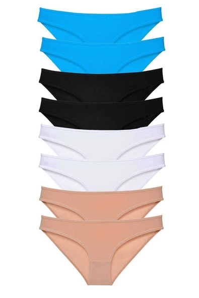 8 adet Süper Eko Set Likralı Kadın Slip Külot Siyah Ten Beyaz Mavi ürün görseli 1
