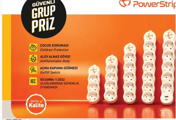 TUNCMATIK POWERSTRIP5 TSK19064 3m IEC 66884-1:2022 Standartı, FR(Alev Almaz)anahtarlı grup priz ürün görseli 1