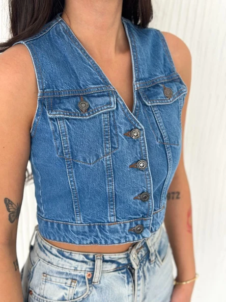 Kot Jeans Kadın Yelek - Mavi - Resim 2