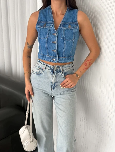 Kot Jeans Kadın Yelek - Mavi - Resim 5