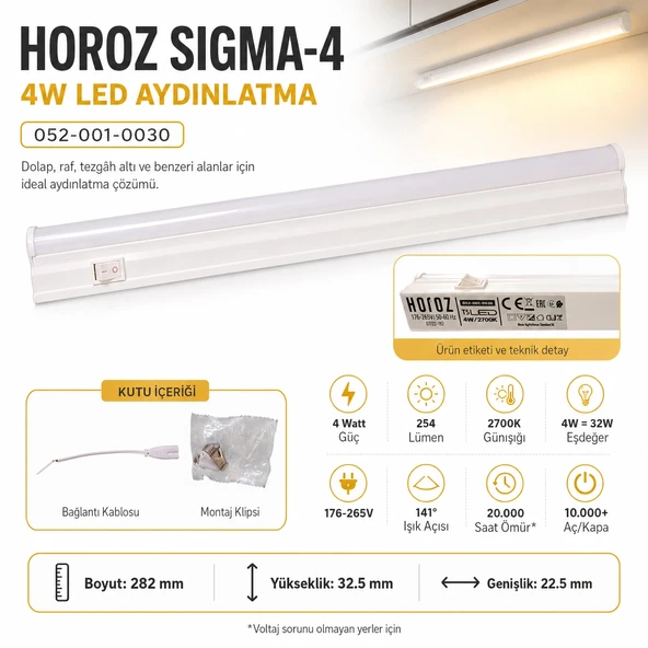 HOROZ Sigma-4 30cm GÜNIŞIĞI 4w T5 Led Bant Armatür Anahtarlı 2700k IP20 ürün görseli 1
