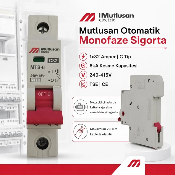 MUTLUSAN 1x32A C 6kA W-Otomat Sigorta Monofaze Tek Fazlı W Otomat Sigorta ürün görseli 1