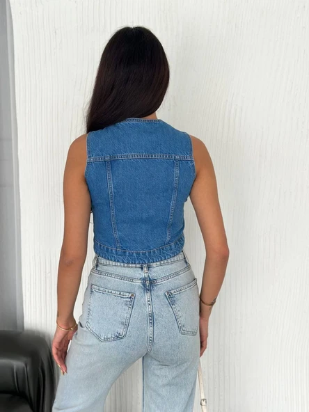 Kot Jeans Kadın Yelek - Mavi - Resim 3
