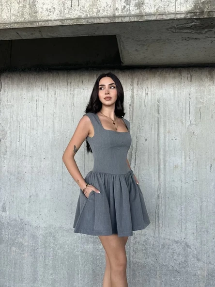 Kolsuz Mini Elbise- Gri - Resim 2