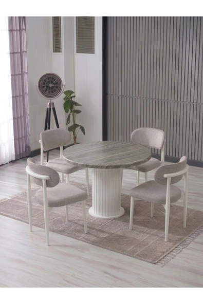 LİNA BOHEM 90x90 GRİ/BEYAZ YUVARLAK MASA & 4 POLO SANDALYE SETİ ürün görseli 1