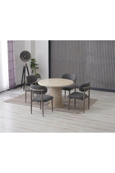 LİNA BOHEM 90x90 TRAVERTEN YUVARLAK MASA & 4 POLO SANDALYE SETİ ürün görseli 1